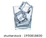 Whiskey, Bourbon or Brandy Glass with ice cube. Empty Glass for Alcohol Drink on white isolated background. Clear ice. Frozen water. Ice maker. Fake or Artificial acrylic or plastic ice cubes.