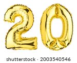 Number Twenty 20 balloons. Helium balloon. 20 years. Golden Yellow foil color. Party, Birthday greeting card, Sale, Advertising, Anniversary. High resolution photo. Isolated on white background.