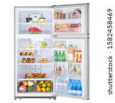Small photo of Open Refrigerator with Food Isolated on White. Front View of Stainless Steel Top Mount Fridge Freezer. Electric Kitchen and Domestic Major Appliances. Two Door Top-Freezer Fridge Freezer