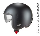 Small photo of Black Open Face Modern Motorcycle Helmet Isolated on White. Cruiser Scooter & Flip Up Motorbike Helm with Retractable Double Visor. Side View Scooter Headgear. Sports Gear. Protective Equipment