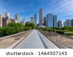 Chicago Downtown skyline and Millennium Park at sunny summer day, Nichols Bridgeway, Chicago, Illinois, USA 