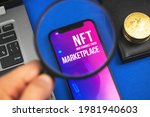 Man searching for NFT cryptoart marketplace, future of art with non-fungible token, crypto currency and blockchain tecnology background photo