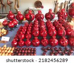Small photo of Souvenir shops in Armenia.Grenades, dolls and glasses handmade with Armenian patterns.Armenia city of Yerevan Vernissage July 18, 2022.