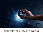 Small photo of Hand of human putting hexagon piece to full fill the part of software development and IT operation, Agile programming technology and DevOps concept.