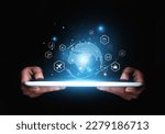 Hand of businessman showing global logistics network on tablet, Futuristic innovation, Smart transport technology concept.
