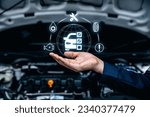 Hand of mechanic holding car service and checking, Customer service guarantee concept