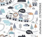 Cute animals on train seamless pattern. Happy Elephant, tiger and lion on locomotive. Cartoon animals background. design for background, wallpaper, wrapping, fabric, and all your creative project.