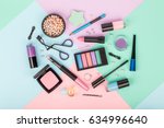 set of professional decorative cosmetics, makeup tools and accessory on multicolored background. beauty, fashion, party and shopping concept. flat lay composition, top view