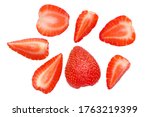 cut strawberries isolated on white background top view