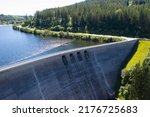 Aerial view from the dam at 
Lake Schluchsee. Is ist a reservoir in the municipality of Schluchsee near St. Blasien in the district of Breisgau, Black forest, Baden-Wuerttemberg, Germany