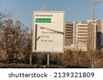 Ankara, Turkey - March 20, 2022: Traffic sign on the road to Ankara city. Autobahn or highway sign. Sign representing the point reached at the fork in the road.
