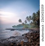 Small photo of kerala beach or coastal erosion, Installed large boulders as riprap to armor the shore against further erosion.