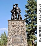Small photo of Donner Memorial State Park, California - 2015: Donner Party Memorial or Pioneer Monument where members of the ill-fated Donner Party were trapped by weather during the winter of 1846–1847.