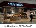 Small photo of London, UK -2023: Pret a Manger restaurant at Heathrow International Airport terminal 2. Pret A Manger, an international sandwich shop franchise chain based in United Kingdom, popularly called Pret.