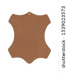 Small photo of Beige original leather sign made of 100% real leather isolated on white background. Leather symbol - animal hide. Label for genuine rawhide material. Clean cowhide shape