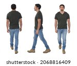 Small photo of back; side and front view of same man walking on; white background