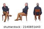 Small photo of back, front and side view of same men sitting on chair on white background