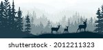 Horizontal banner. Silhouette of deer, doe, fawn standing on meadow in forrest. Silhouette of animal, trees, grass. Magical misty landscape, fog. Blue and gray illustration. Bookmark.