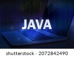 Java text on blue technology background with laptop. Learn java programming language, computer courses, training. 