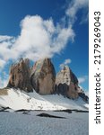 The Tre Cime di Lavaredo - three famous mountain peaks in Dolomites - View from east