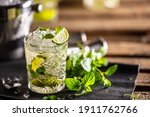 Mojito or virgin mojito long rum drink with fresh mint, lime juice, cane sugar and soda.