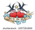 retro tattoo style swallows and ... | Shutterstock .eps vector #1057281800