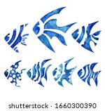 seven blue watercolor fish on a ... | Shutterstock . vector #1660300390