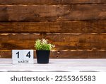 March calendar with number  14. Planner copy space on a wooden brown background. March number icon. Place for text background calendar