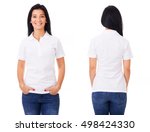 Young woman in white polo shirt on white background