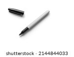 Small photo of Black Permanent Marker Laying Flat Isolated Against White Background with Cap Off
