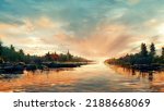 Lake Landscape At Sunset With...