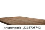Small photo of wooden table corner at foreground used as product displayed isolated on background with clipping path. perspective view of wooden table showing edge of table.