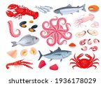 Collection of various seafood: fish, shellfish, crustaceans, octopus. Healthy fresh sea food. Sea creatures. Vector illustration, cartoon, icons, symbols, signs, stickers, poster, banner