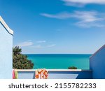 Small photo of View of the sea from terrace in a holiday home on a sunny summer day. Adriatic Sea seen from a resort. Panoramic view of the sea on the Adriatic coast, Abruzzo, Italy.