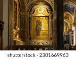 Small photo of Byzantine mosaics. Bysantine art. Interior of the Arab-Norman Byzantine Church of St. Mary of the Admiral, Martorana. Byzantine mosaic. Palermo, Italy - 5th May 2023