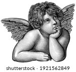 Pensive angel. Art detailed editable illustration. Vector vintage engraving. Isolated on white background. 8 EPS