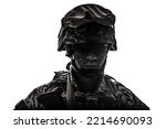 Shoulder portrait of modern army infantry soldier with dirty face in digital camouflage battle uniform, combat helmet, tactical sunglasses looking at camera desaturated, isolated on white background