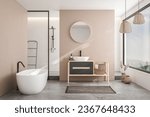 Modern minimalist bathroom interior, modern bathroom cabinet, white sink, wooden vanity, interior plants, bathroom accessories, bathtub and shower, white and beige walls, concrete floor.