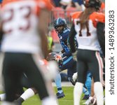 Small photo of Toronto, Canada - July 6, 2019: Toronto Argonauts Wide receiver Llevi Noel (84) lines up in formation during BC Lions at Toronto Argonauts game at BMO Field in Toronto, ON