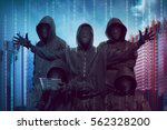 Group of hacker with anonymous mask against binary code in background