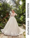 Small photo of Beautiful woman bride fashion model brunette hair bright makeup pretty wear long silk white dress with lace bridal ceremony wedding espousal in blooming romance garden party marriage happy big day.