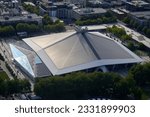 Small photo of Seattle, WA, USA - July 9, 2023: Aerial view of the Climate Pledge Arena which hosts the Seattle Kraken NHL franchise.