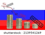 Sanctions against Russia and Russian flag with text. Concept. Coins - default. Disabling the Swift system, closing flights. Financial sanctions against Russia