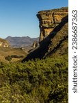 Small photo of View of the Brandwag Butress, against a blue sky in the Golden Gate Highlands National Park of South Africa.