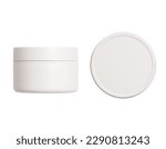 cream jar. White glass cosmetic package,Face creme pack, container template. Skin blush care gel jar, round design. Medical ointment template, isolated on a transparent background, top view, cut out