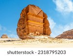 Small photo of Entrance to the ancient nabataean Tomb of Lihyan, son of Kuza carved in rock in the desert, Mada'in Salih, Hegra, Saudi Arabia