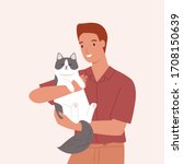 young man carrying a cute cat.... | Shutterstock .eps vector #1708150639
