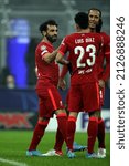 Small photo of MILAN, ITALY - FEBRUARY 16, 2022: Mohamed Salah celebrates his goal with Luis Diaz and Virgil van Dijk during the UEFA Champions League 2021-2022 FC INTERNAZIONALE v LIVERPOOL FC at San Siro Stadium