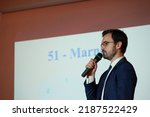 Small photo of Chalons-en-Champagne, France - April 2022 - Emmanuel Renoud, jurist at the CEDH (ECHR in English) and legislative candidate for Reconquete, Eric Zemmour's party, speaks at a meeting amid the campaign