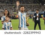 Small photo of Ciudad Autonoma de Buenos Aires, Argentina, 24, March, 2023. Lionel Messi from Argentina National Team with the Fifa World Cup after the match between Argentina National Team vs. Panama National Team